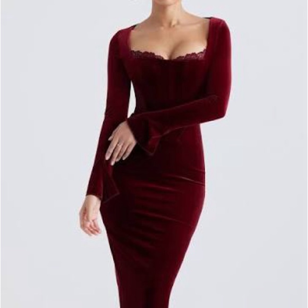 RARE House of CB Burgundy Long Sleeve Velvet Midi Dress